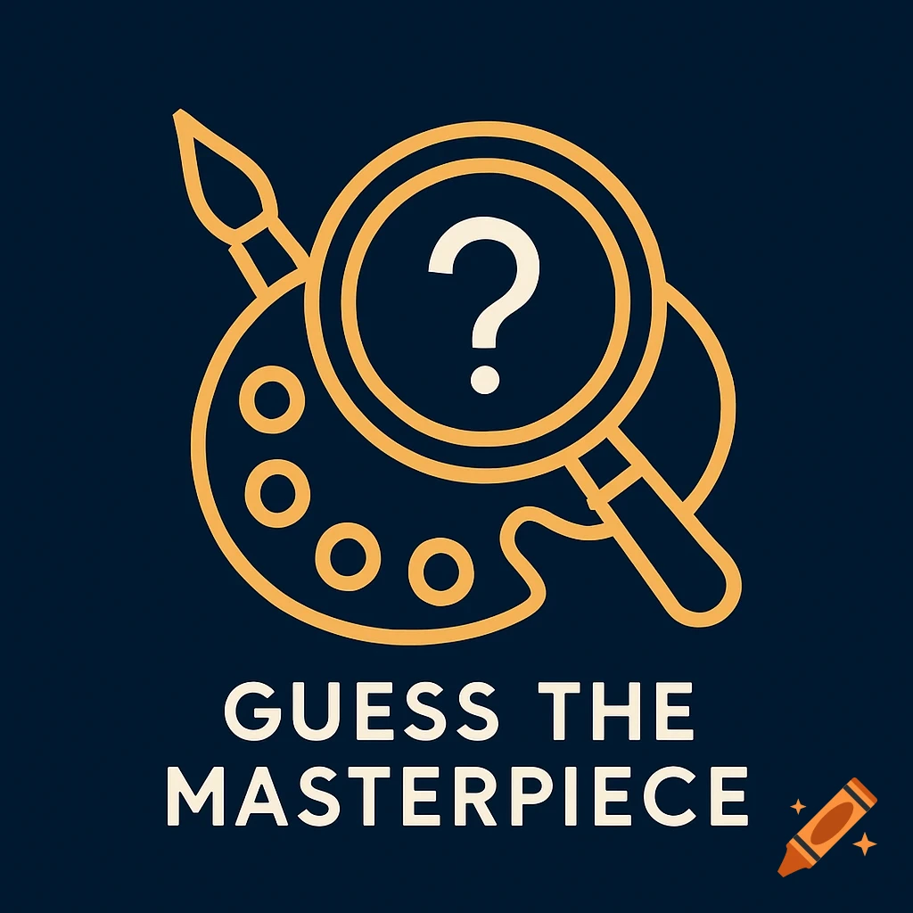 A minimalist icon with a gold outline of a paintbrush, palette, and magnifying glass with a question mark on a deep navy background, with the text 'GUESS THE MASTERPIECE' below.