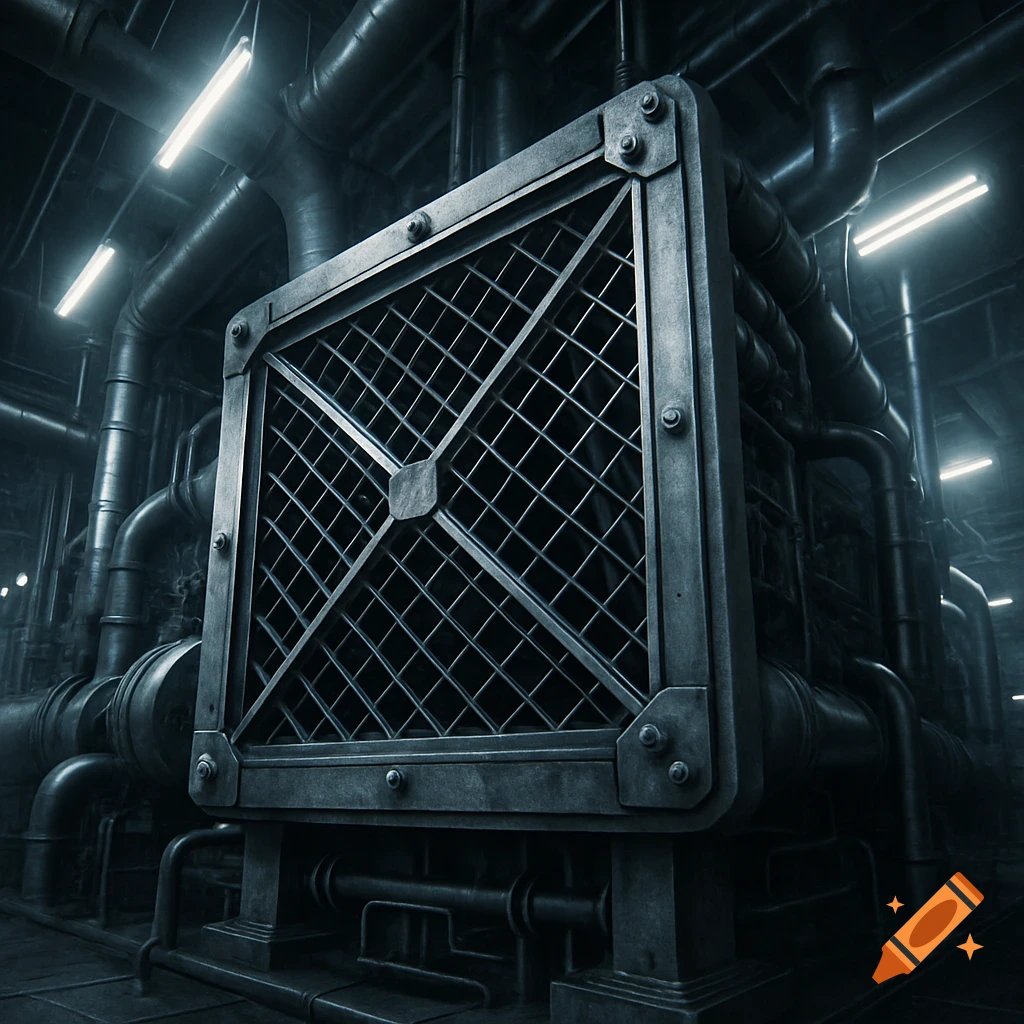 A large, dark metallic ventilation grille surrounded by industrial pipes and fluorescent lights in a power plant, photorealistic.