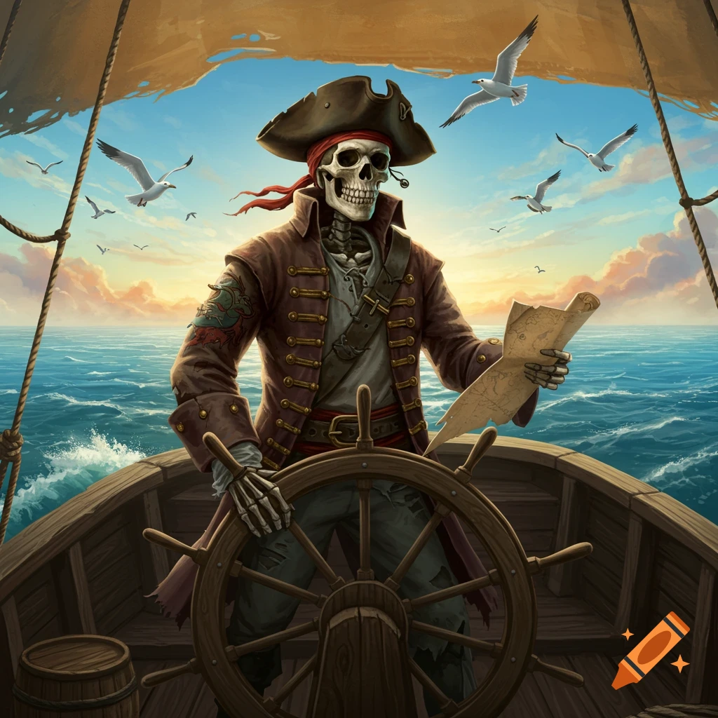 A skeleton pirate steers a wooden ship, holding a map, under a sunset sky with seagulls.