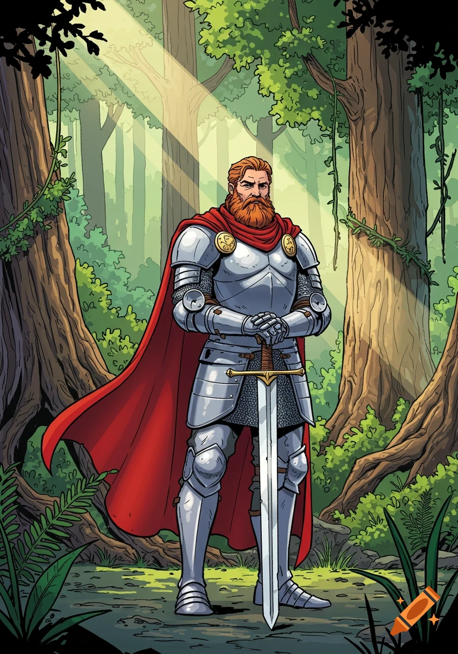 A bearded knight in silver armor and a red cape stands in a sunlit forest, holding a sword, in comic art style.