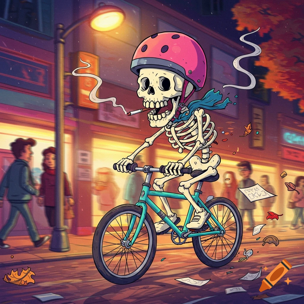 A cartoon skeleton wearing a pink helmet and blue scarf rides a bicycle and smokes a cigarette on a city street at night.