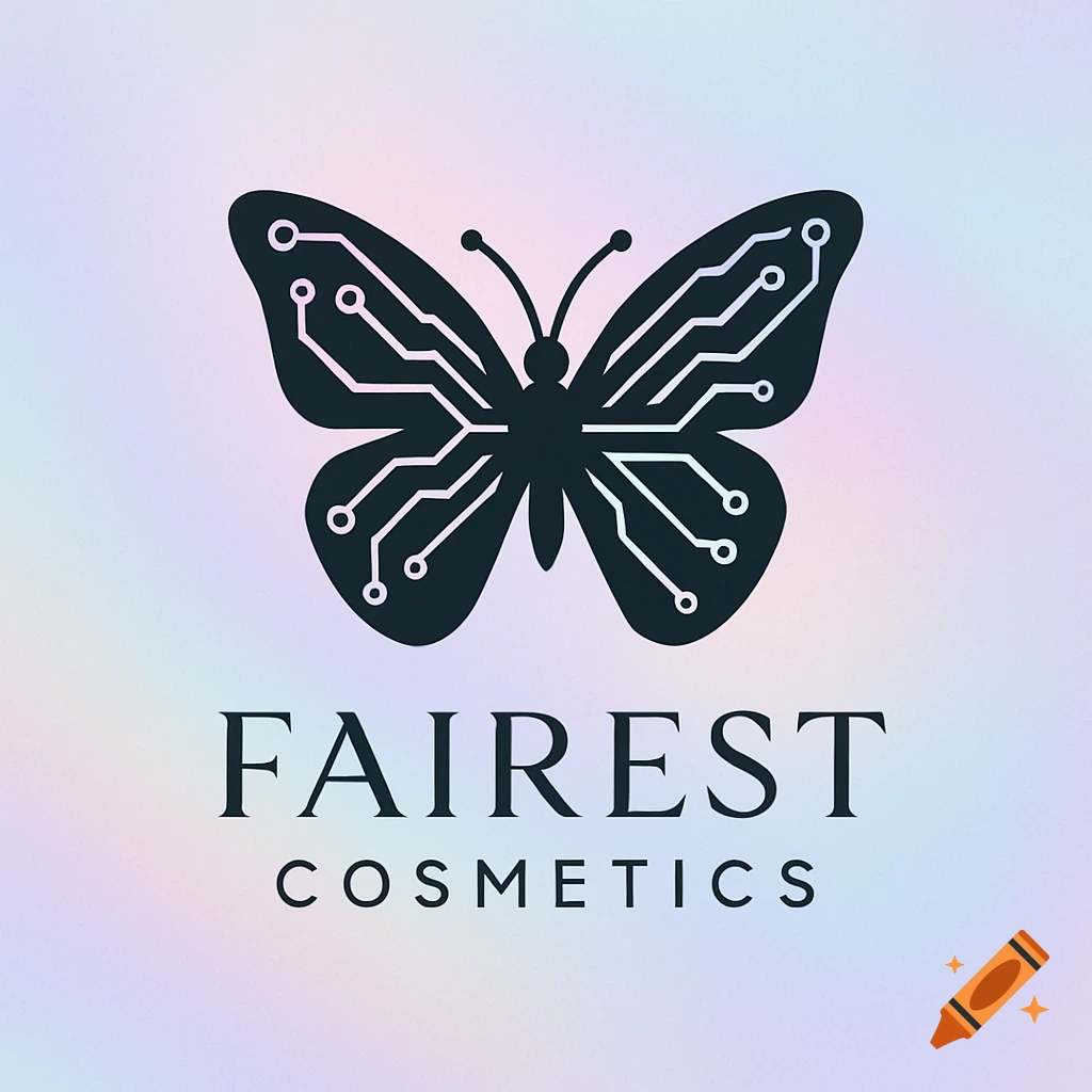 A dark butterfly logo with circuit board wings, above the words 'FAIREST COSMETICS' on a pastel gradient background.