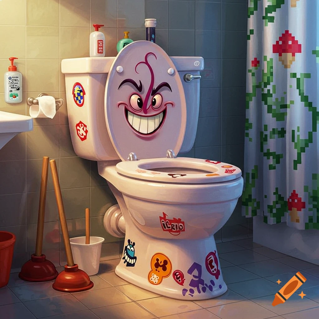 A stylized cartoon bathroom features a mischievous Skibidi Toilet with a wide grin on its lifted lid, covered in colorful stickers, flanked by plungers, and a pixelated mushroom shower curtain.