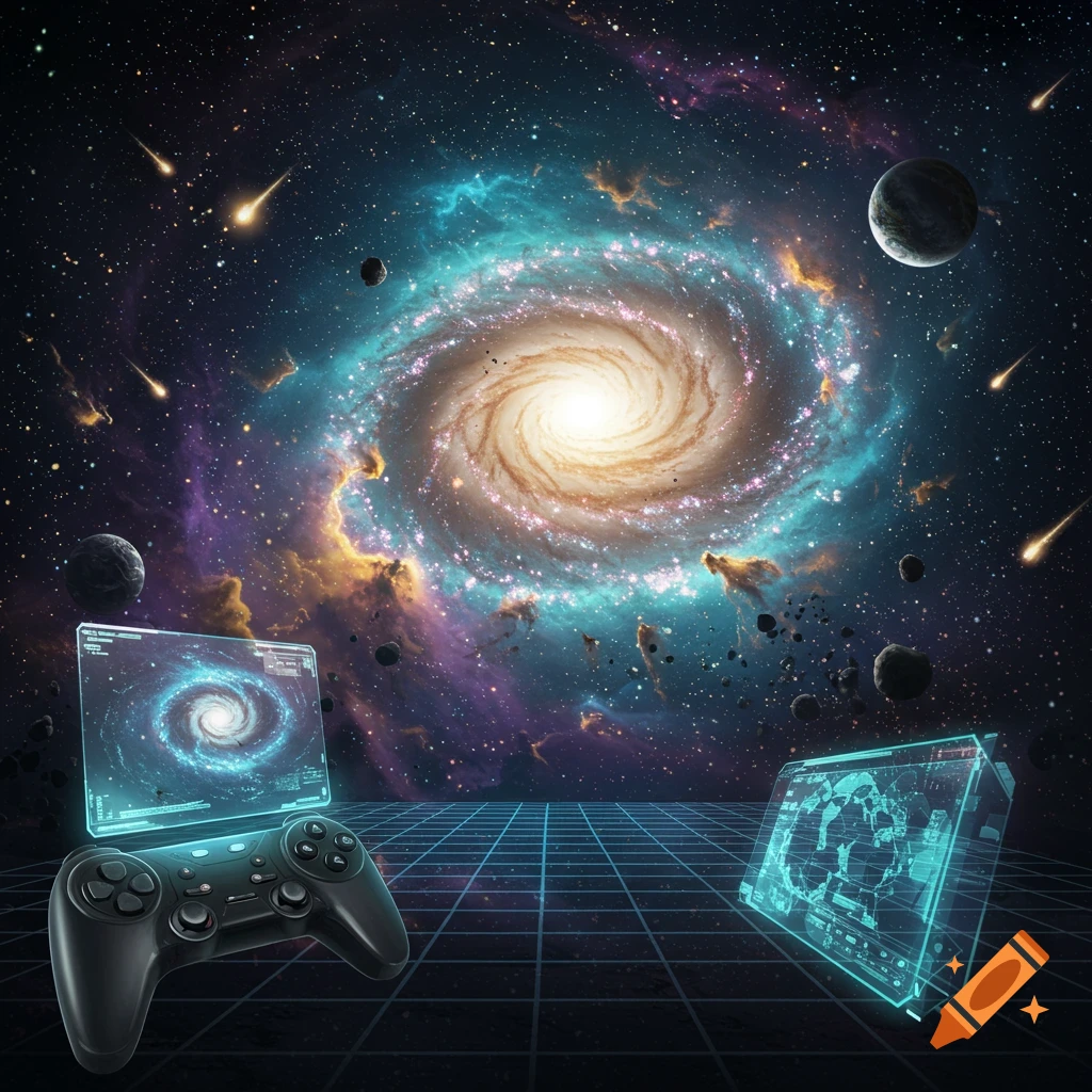 A black game controller rests on a glowing blue grid, with holographic screens displaying celestial maps, against a vibrant backdrop of a spiral galaxy, planets, and meteors in deep space.