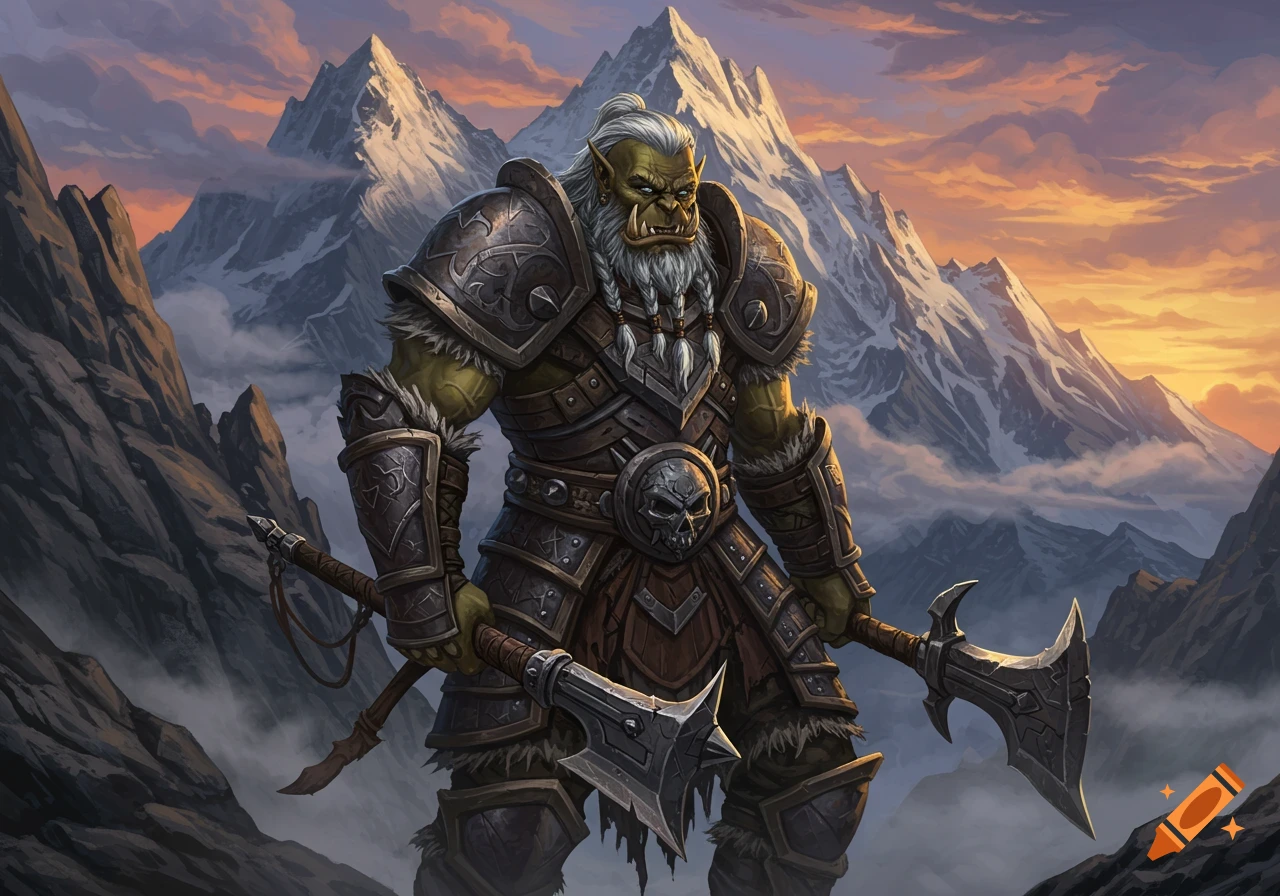 A detailed digital painting of a grizzled orc warrior in intricate armor, holding two axes, standing against a backdrop of snow-capped mountains at sunset.