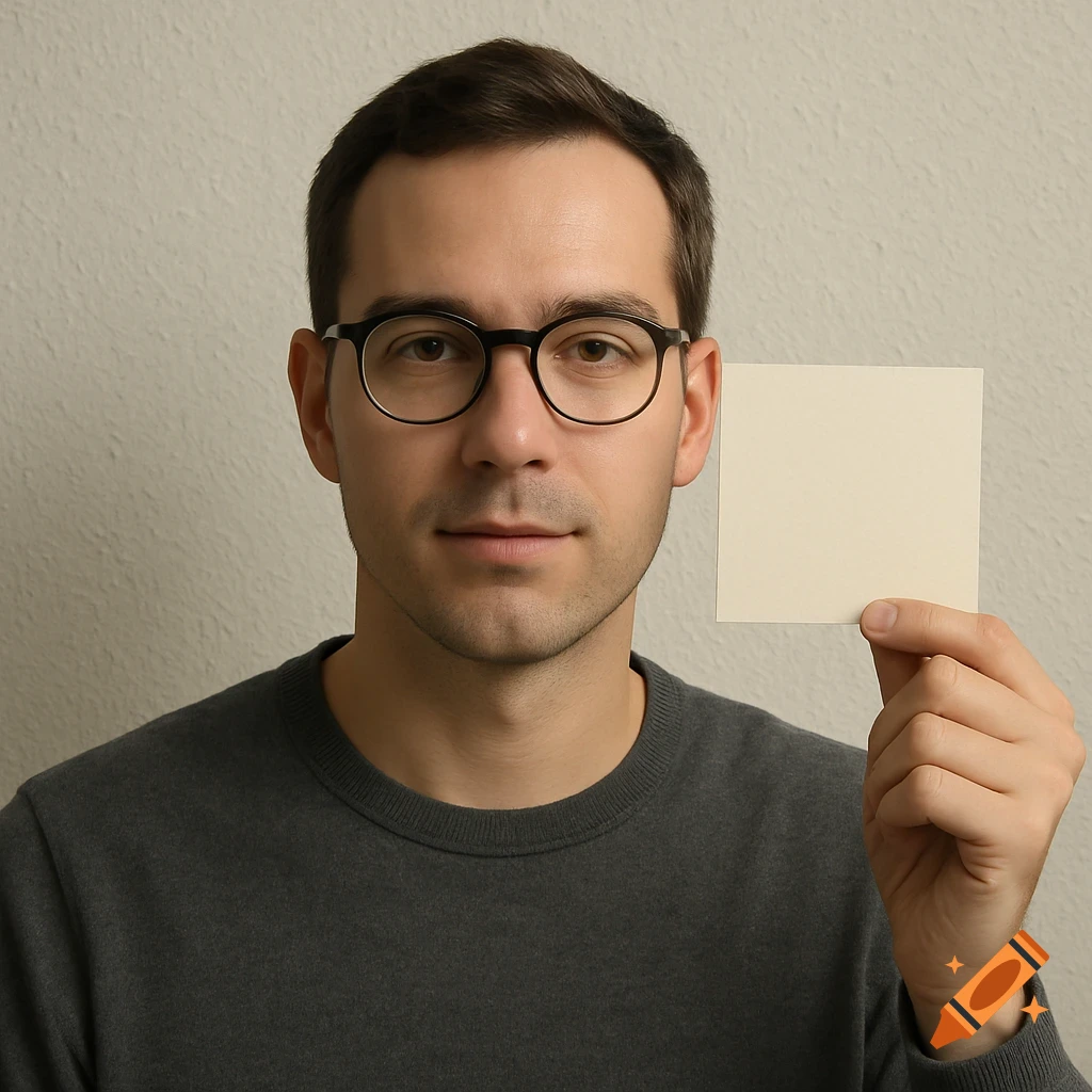 A man with short brown hair and glasses looks forward, holding a blank, light-colored square card next to his face. The background is a textured light wall.