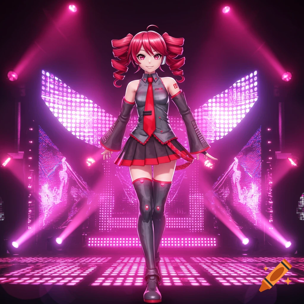 Anime girl with red pigtails in a dark uniform, standing on a stage bathed in bright pink lights and LED panels.