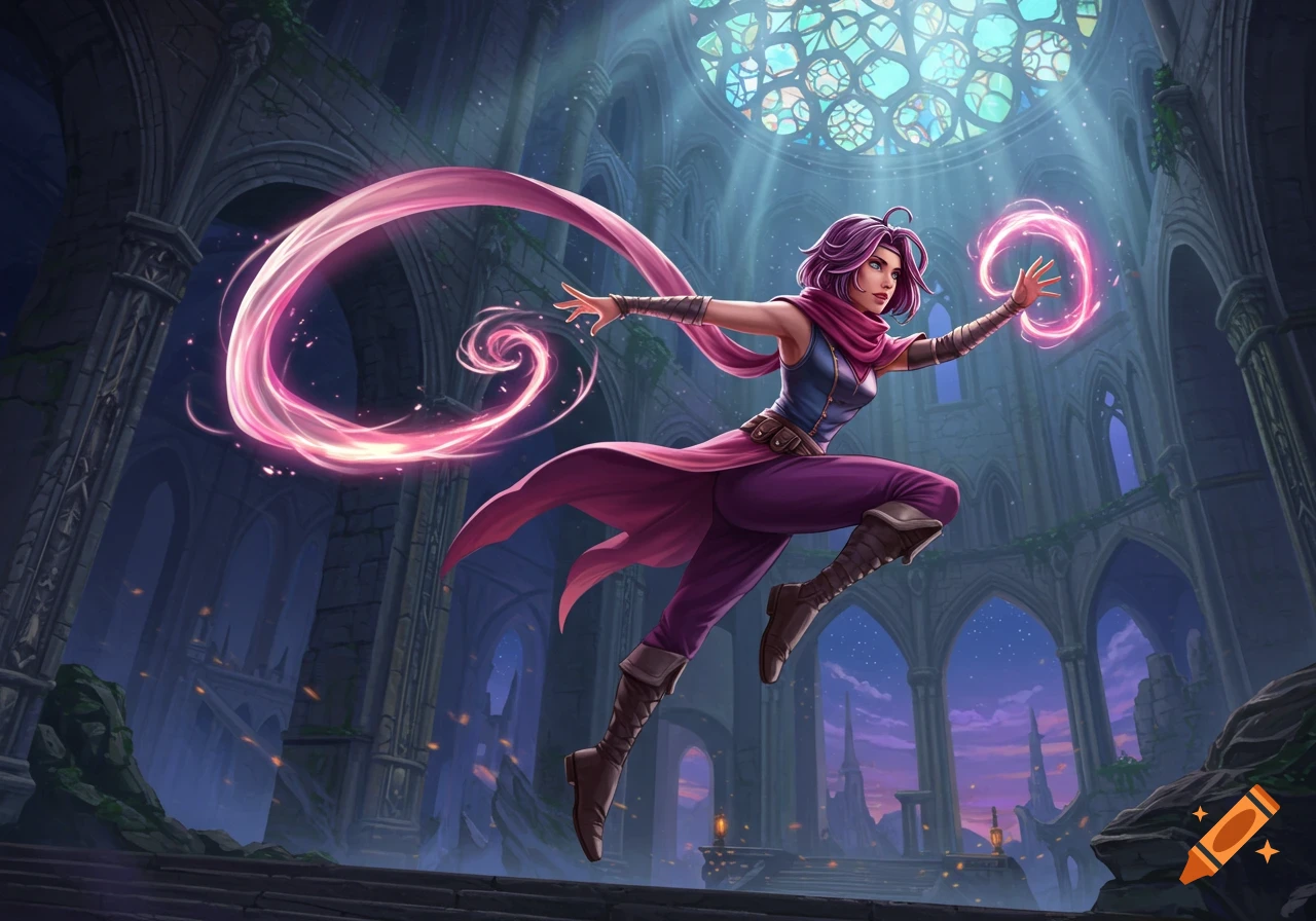 A purple-haired magic user casts a glowing pink spell while leaping in a ruined cathedral.