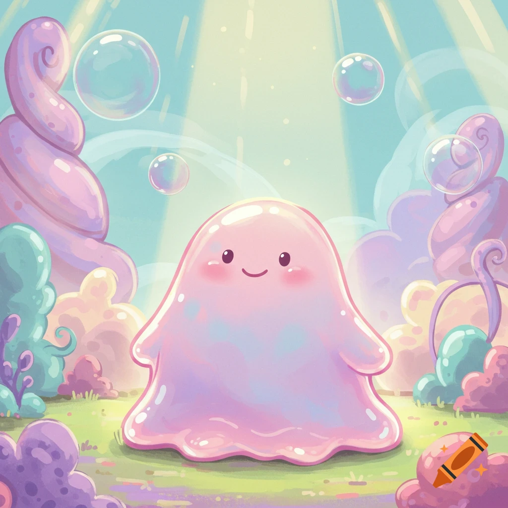 A cute pink jelly blob creature with a happy face sits in a whimsical, pastel landscape with bubbles and swirly plants.
