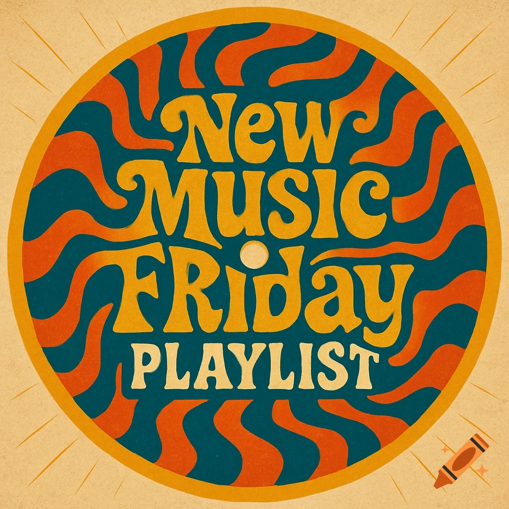 A retro 1960s-style circular album label with wavy orange and teal patterns, featuring 'New Music Friday PLAYLIST' in groovy yellow and cream text.