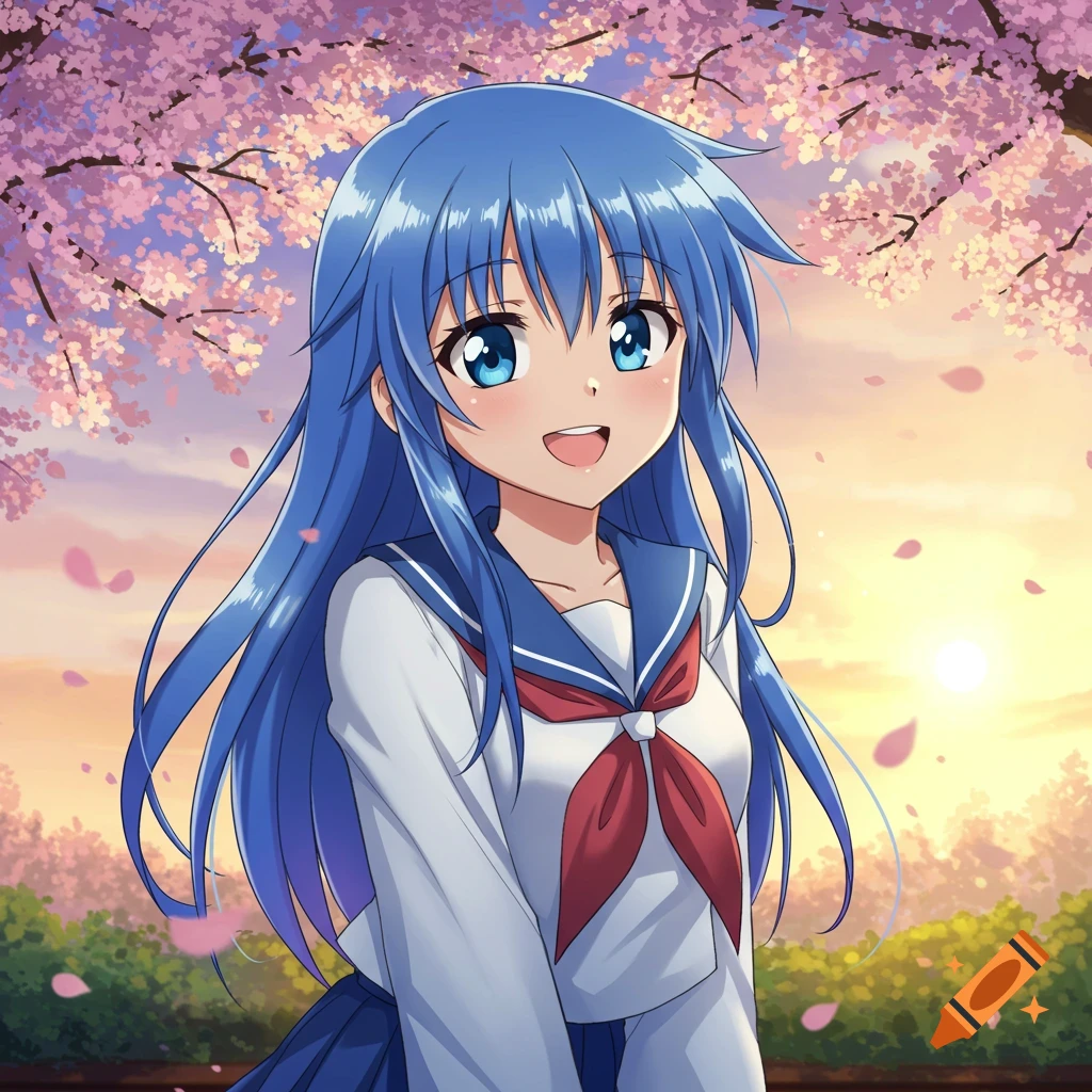 An anime girl with blue hair and a school uniform smiles under cherry blossoms at sunset.