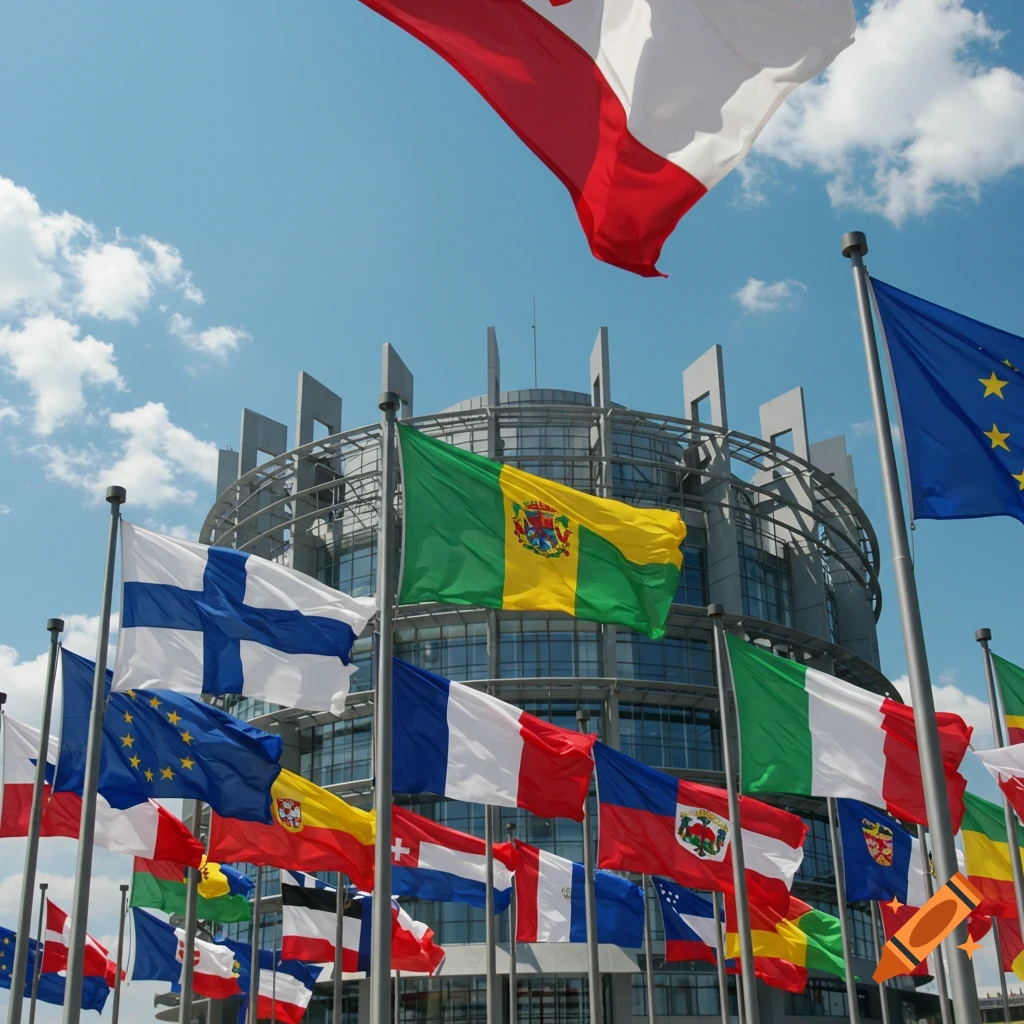 Numerous European flags, including those of Finland, France, and the EU, wave in front of a modern glass and steel building under a blue sky.