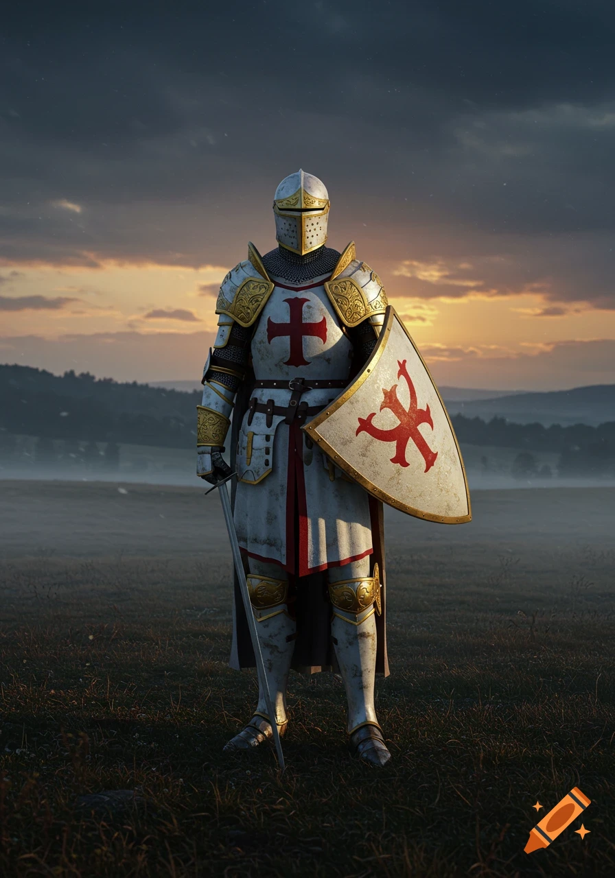 A knight in white, gold, and red armor with a helmet stands in a misty field at sunset, holding a sword and a shield.