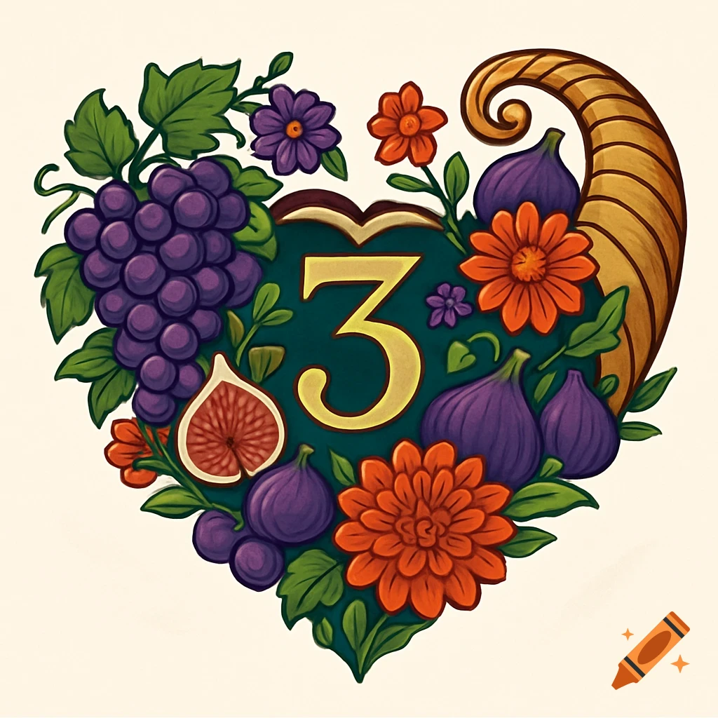 A vector illustration of a heart shape made of grapes, figs, flowers, and a cornucopia, with a golden number 3 in the center.