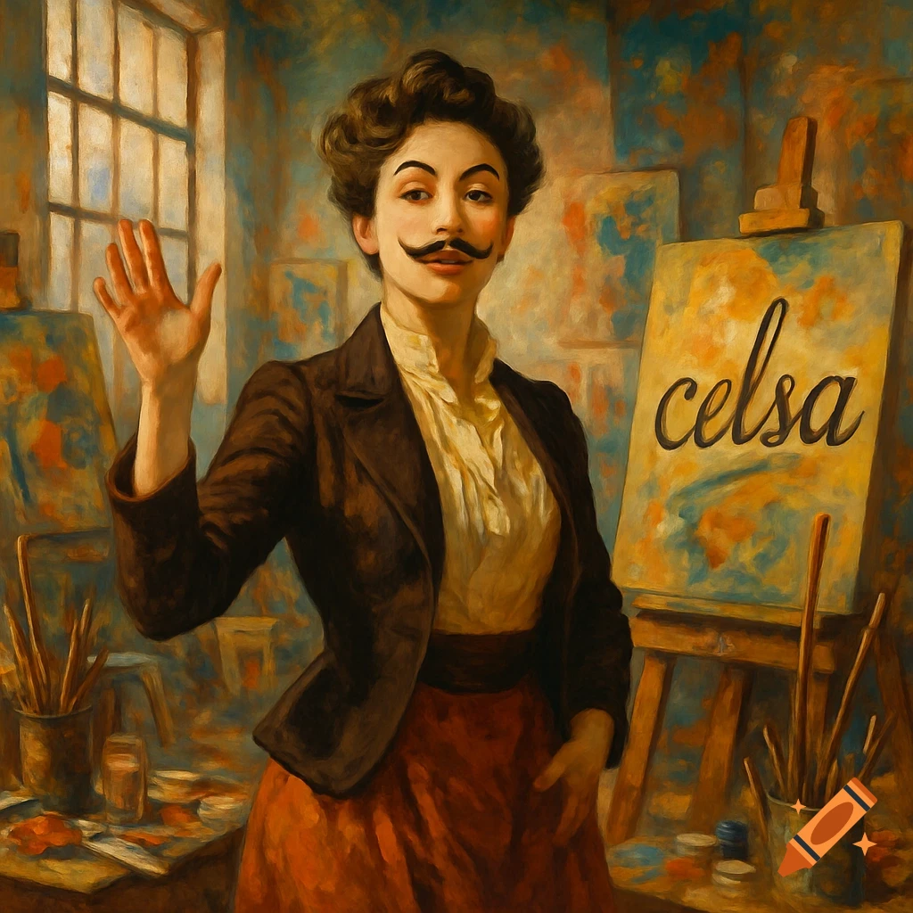 A painting of a woman with a mustache in an artist's studio, waving, with the word 'celsa' on an easel.