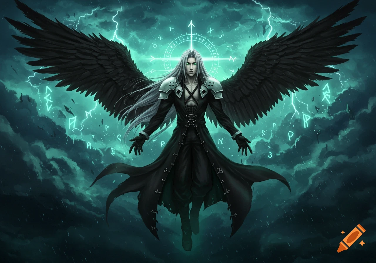 Long-haired man with black wings, wearing a dark coat and armor, floats in a stormy, teal-lit sky with glowing runes.