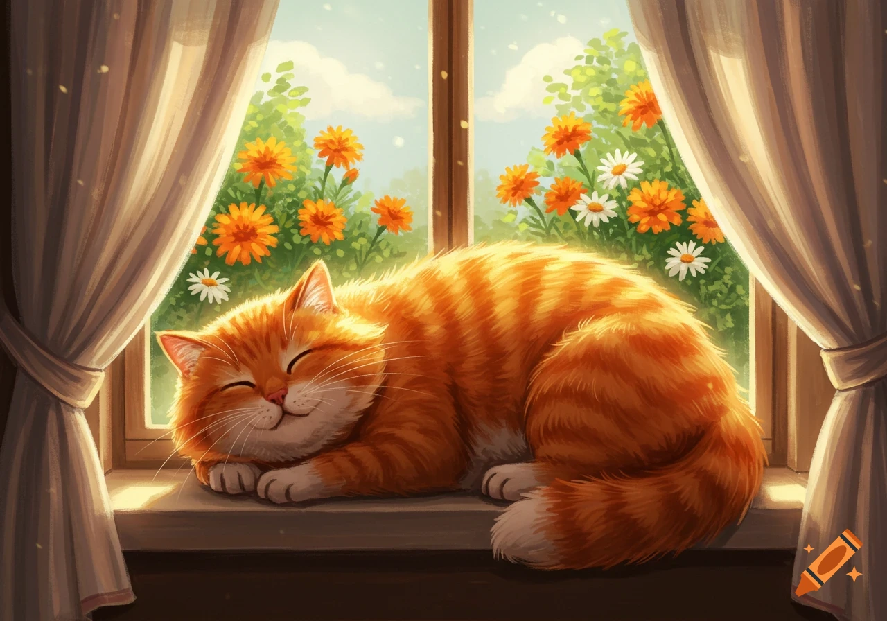 An illustration of a fluffy ginger cat sleeping on a sunny windowsill with curtains and colorful flowers outside.
