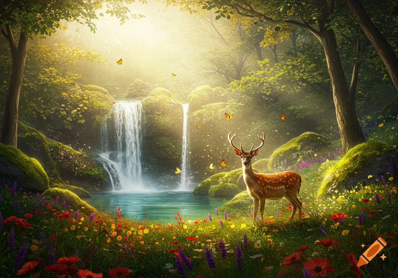 A majestic deer stands in a sunlit, lush forest clearing with a waterfall, vibrant flowers, and butterflies.