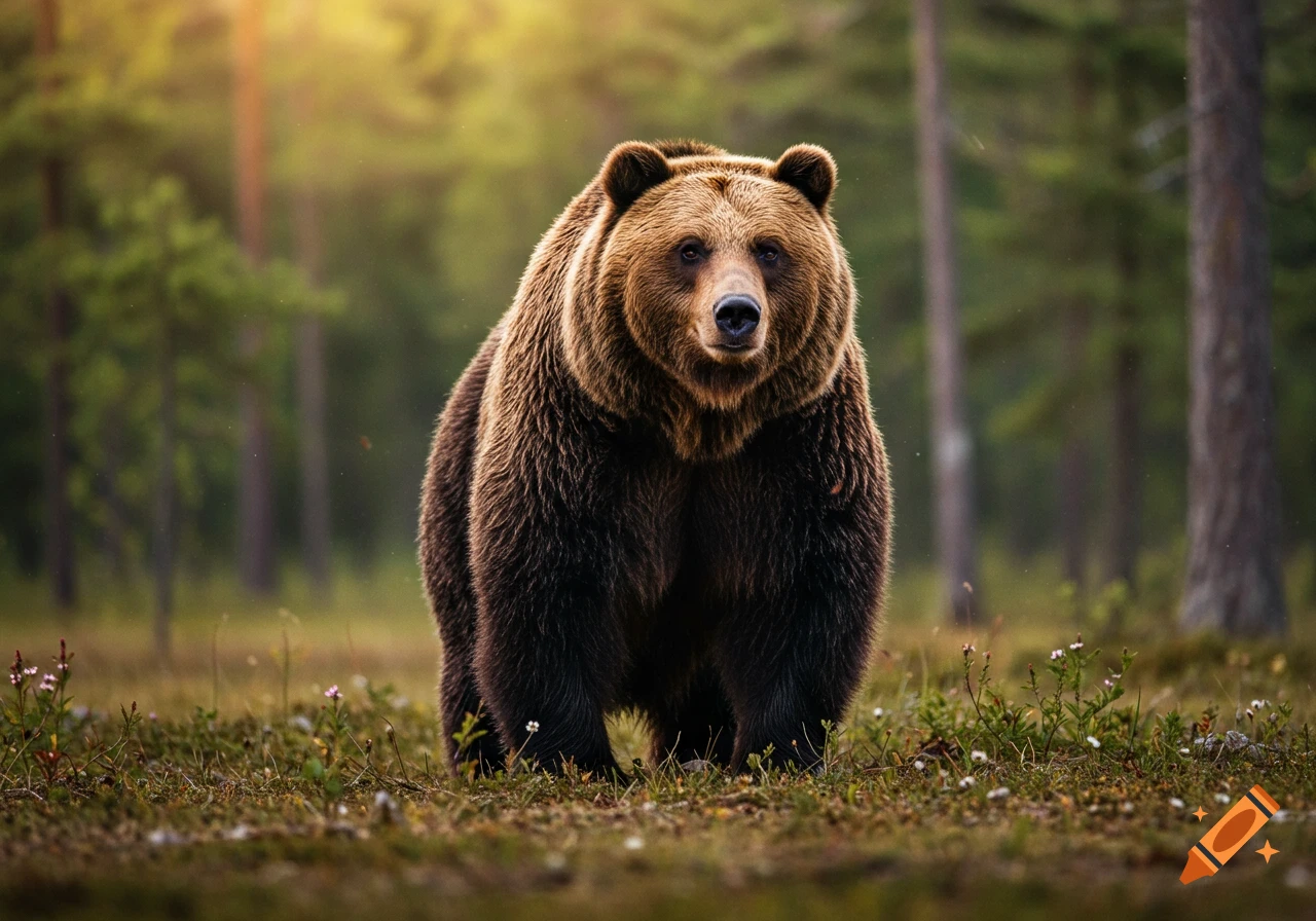 A majestic brown bear stands in a sunlit forest clearing, looking forward.