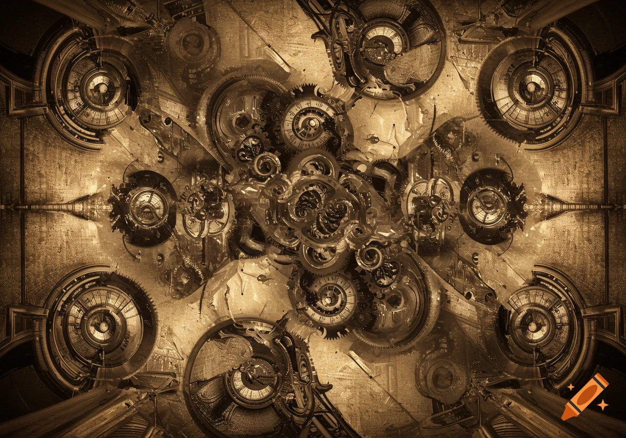 An intricate, sepia-toned abstract steampunk composition filled with gears, cogs, clock faces, and complex mechanical elements.