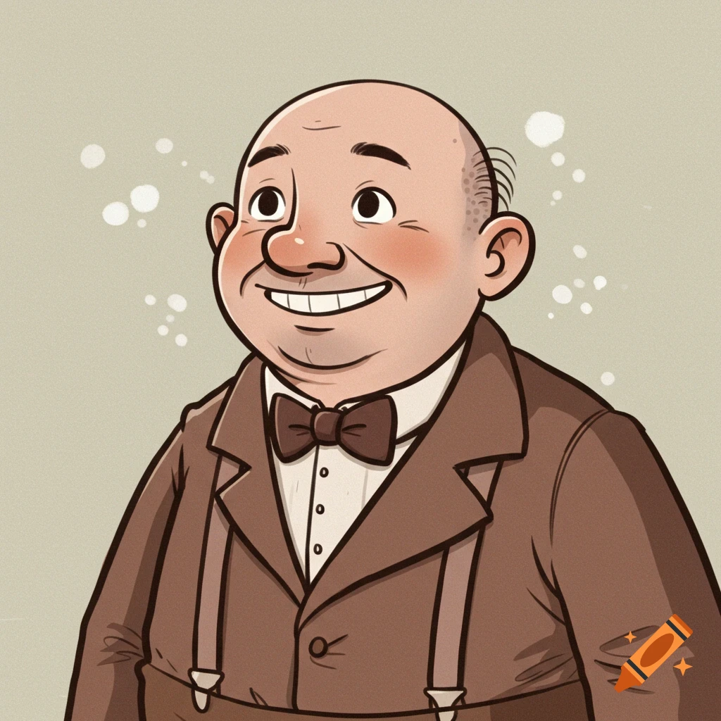 Cartoon illustration of a smiling bald man wearing old-fashioned brown clothes, a bow tie, and suspenders, in a hand-drawn style.