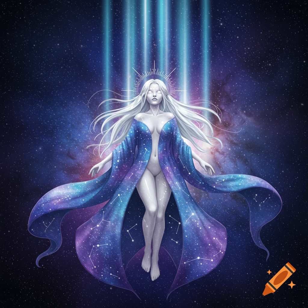 A white-haired celestial goddess in a flowing, star-filled blue and purple robe floats in space under blue light beams.