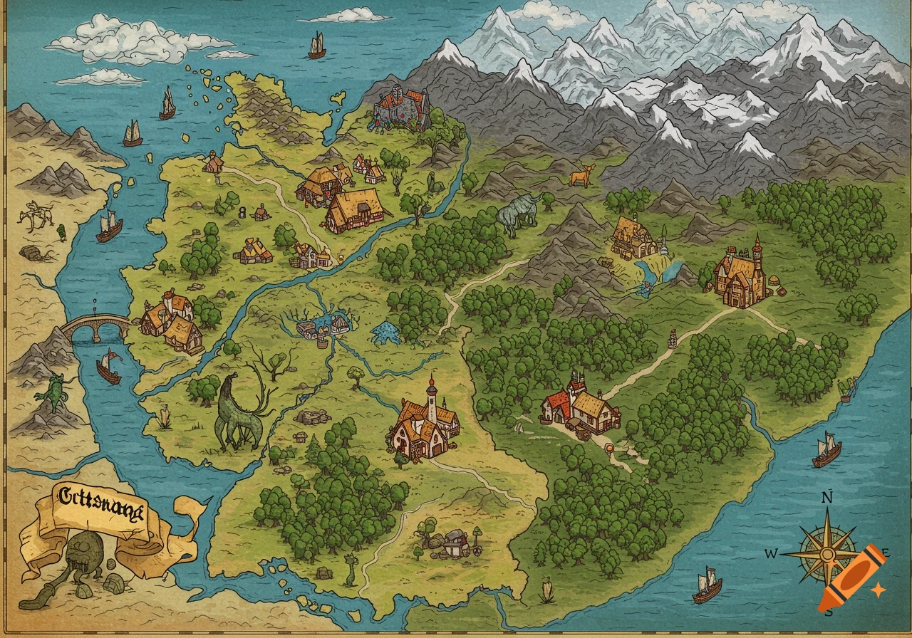 Detailed hand-drawn fantasy map with green landscapes, rivers, villages, snowy mountains, ships, a compass rose, and mythical creatures.