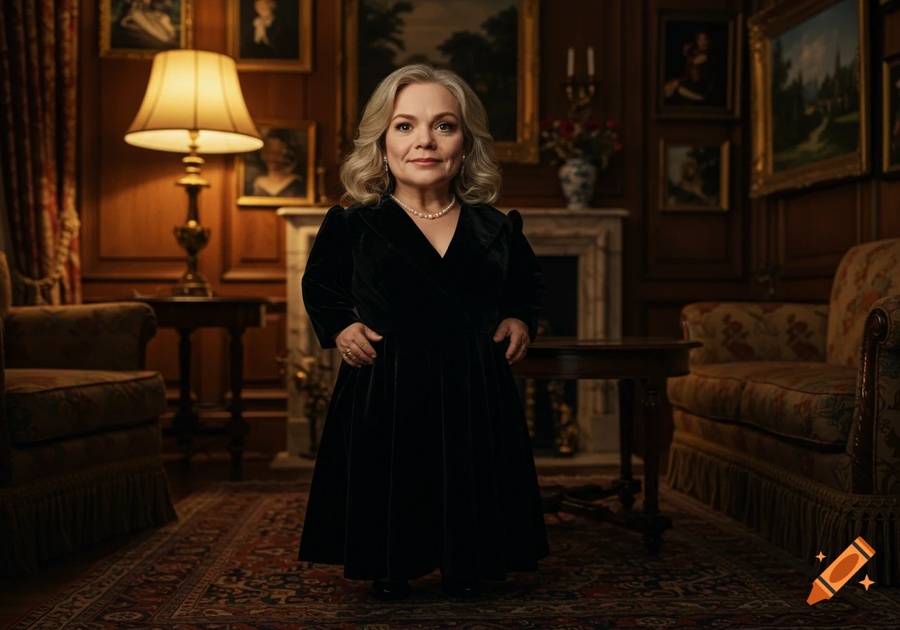 A photorealistic image of a woman with short stature in a black velvet dress and pearl necklace, standing in a lavish, wood-paneled room with ornate furniture and paintings.