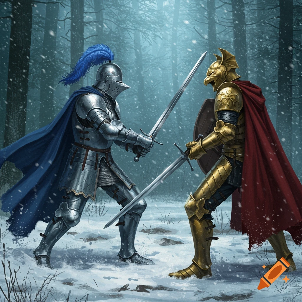 Two ornate knights, one silver and blue, one gold and red dragon-headed, duel with swords in a snowy forest, digital illustration.