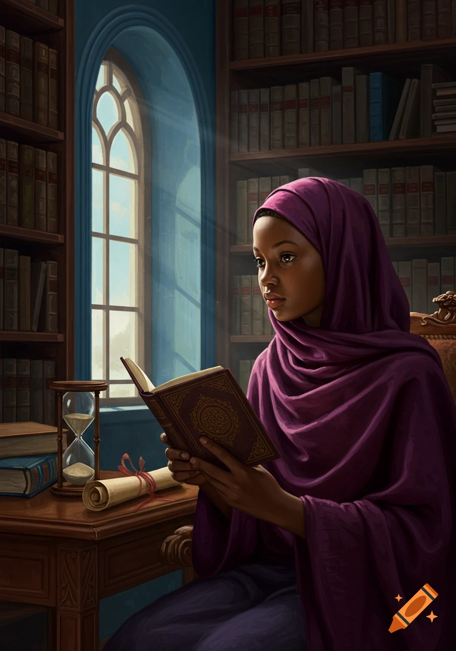 A young Black woman in a purple hijab reads a book in a sunlit library, depicted in a Renaissance painting style.