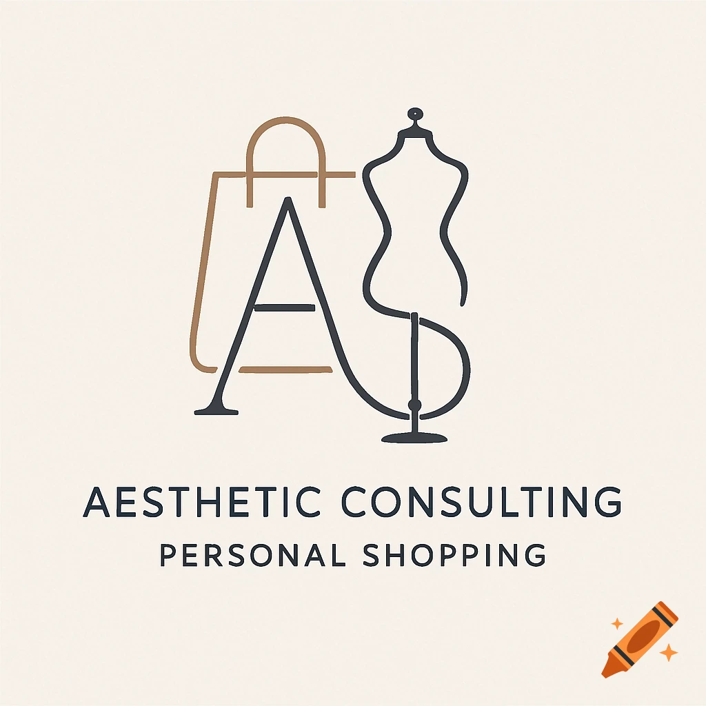 Minimalist logo with a brown shopping bag overlapping a dark letter A, next to a dark dress form, with text 'AESTHETIC CONSULTING PERSONAL SHOPPING'.