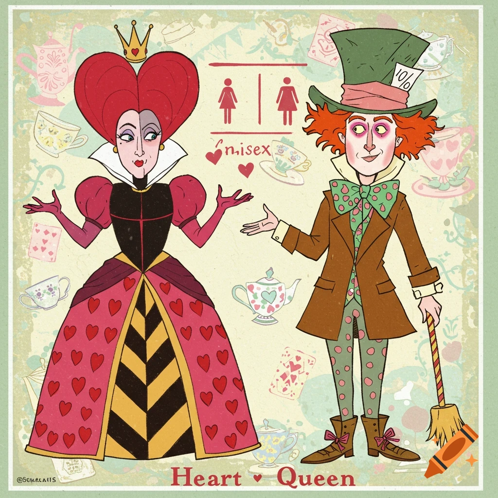 A colorful cartoon illustration of the Heart Queen and Mad Hatter from Alice in Wonderland, designed as a unisex bathroom sign.