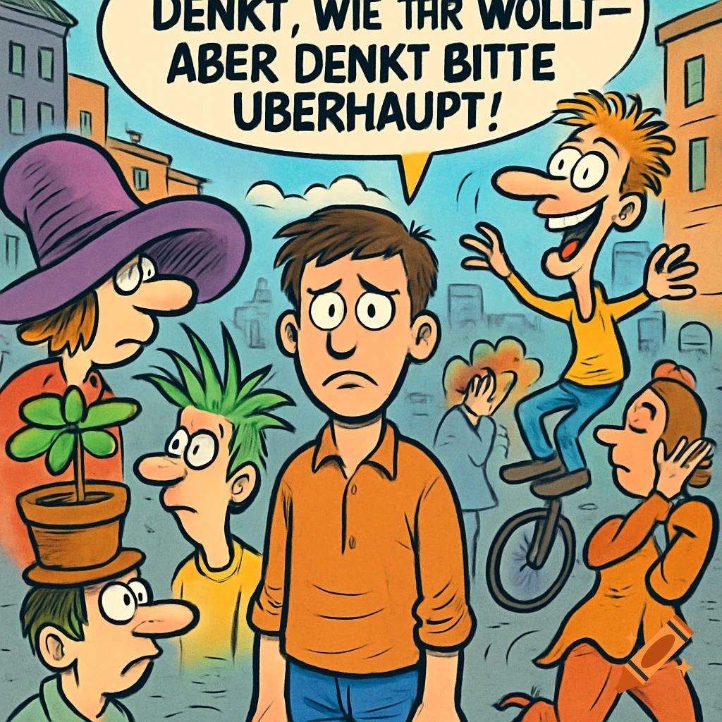 A cartoon showing a worried man surrounded by a group of eccentric, cheerful characters in a city street, with a speech bubble above them.
