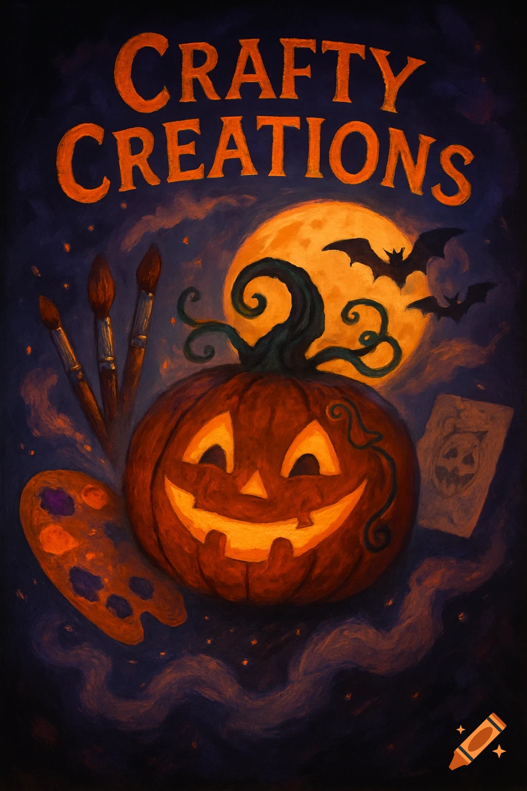 Halloween illustration with a smiling jack-o'-lantern, full moon, bats, paintbrushes, and a palette, with 'CRAFTY CREATIONS' text.