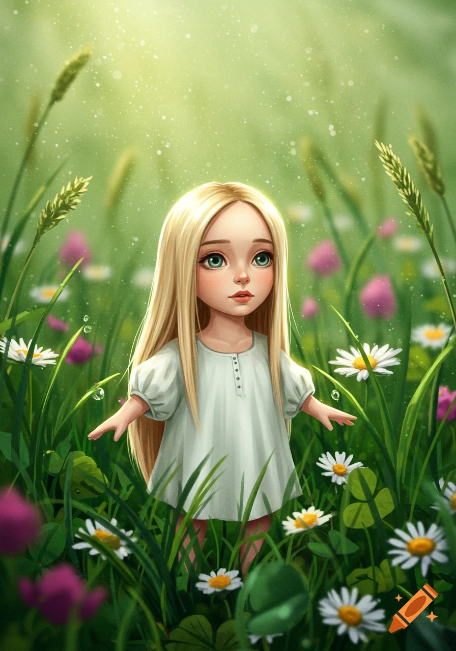 A stylized blonde girl with green eyes in a white dress stands in a sunlit field amidst tall grass and wildflowers.