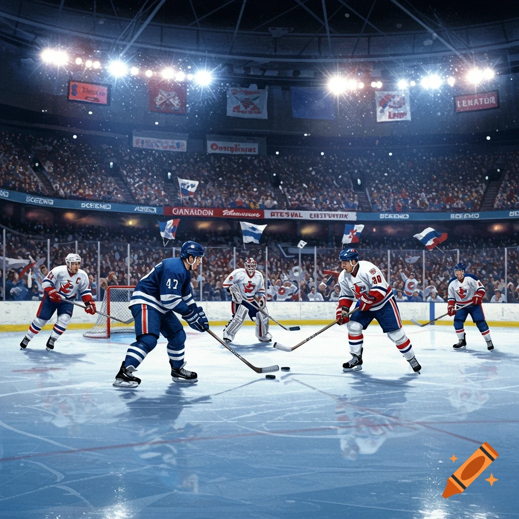 A vibrant, photorealistic ice hockey game in progress inside a packed arena, with players skating across the ice.