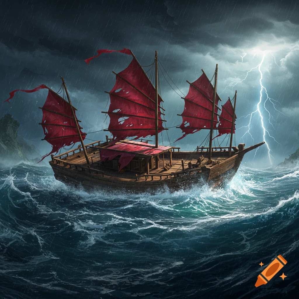 A dramatic image of a wooden Chinese junk ship with torn red sails in a rough, stormy sea with lightning striking the dark sky.
