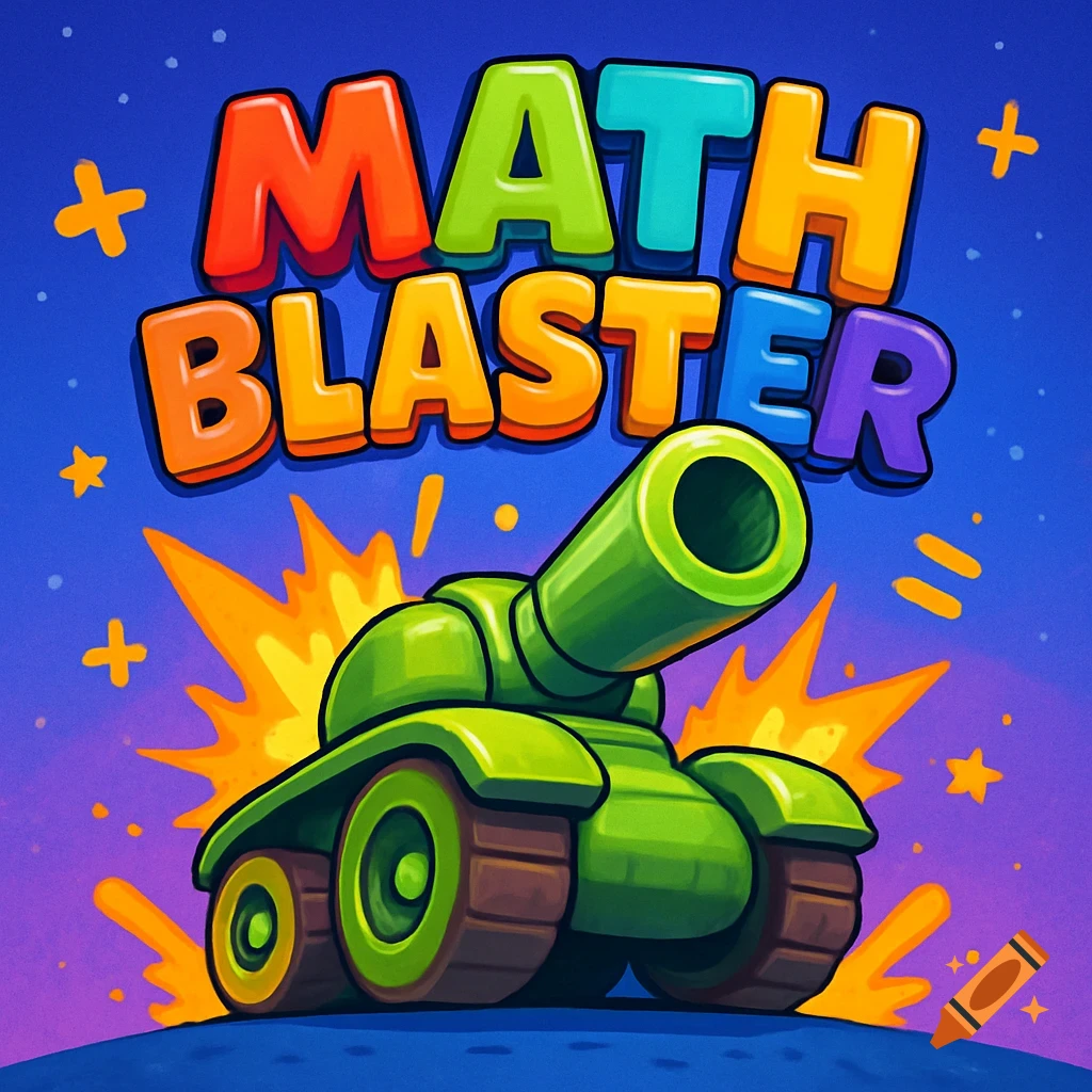 A vibrant cartoon logo for 'Math Blaster' with colorful text and a green tank firing on a blue and purple background with stars.