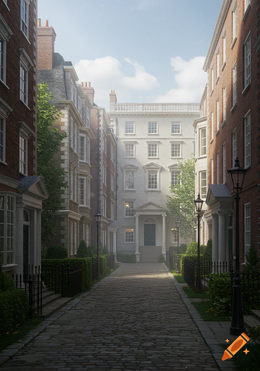 A narrow cobblestone alley lined with historic Georgian townhouses and mansions, leading to a large white building under a bright sky.