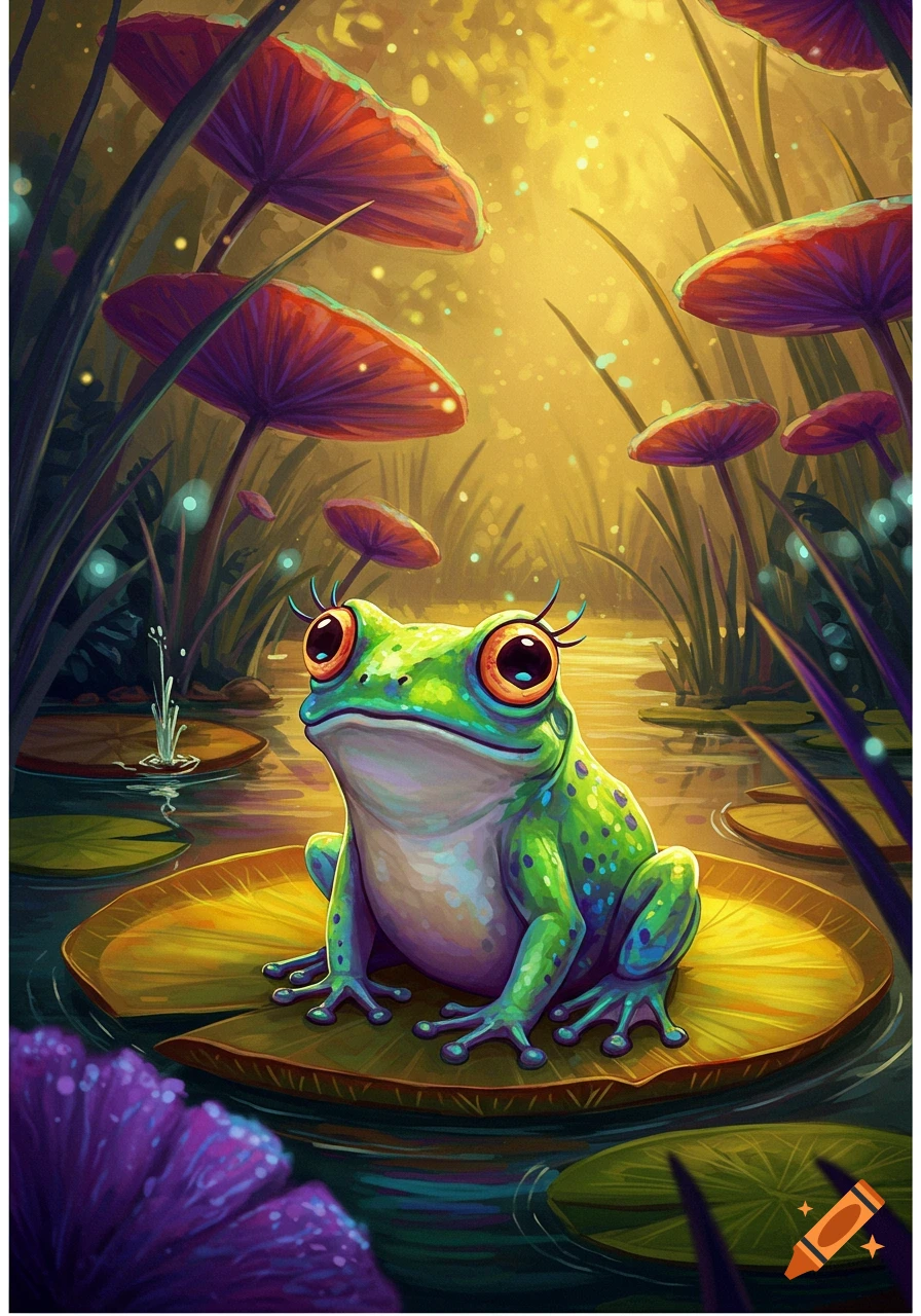 A vibrant, whimsical illustration of a green cartoon frog with big eyes on a lily pad in a glowing pond with red mushrooms.