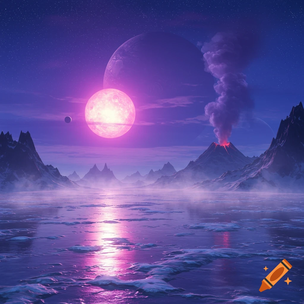 Vibrant alien landscape with a glowing pink sun, purple gas giant, erupting volcano, and misty mountains over an icy plain.