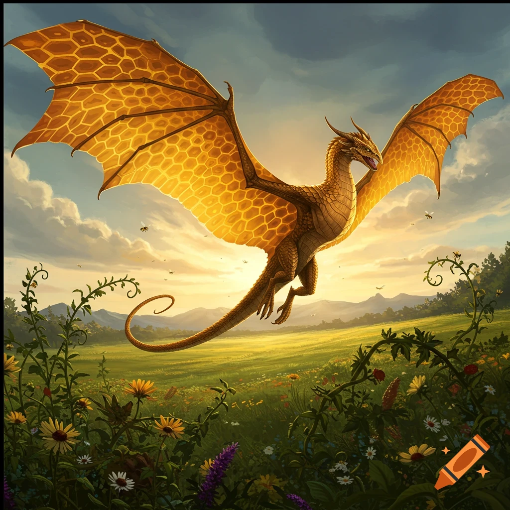 A honey-colored dragon with honeycomb-patterned wings flies over a vibrant green meadow filled with wildflowers at sunset.