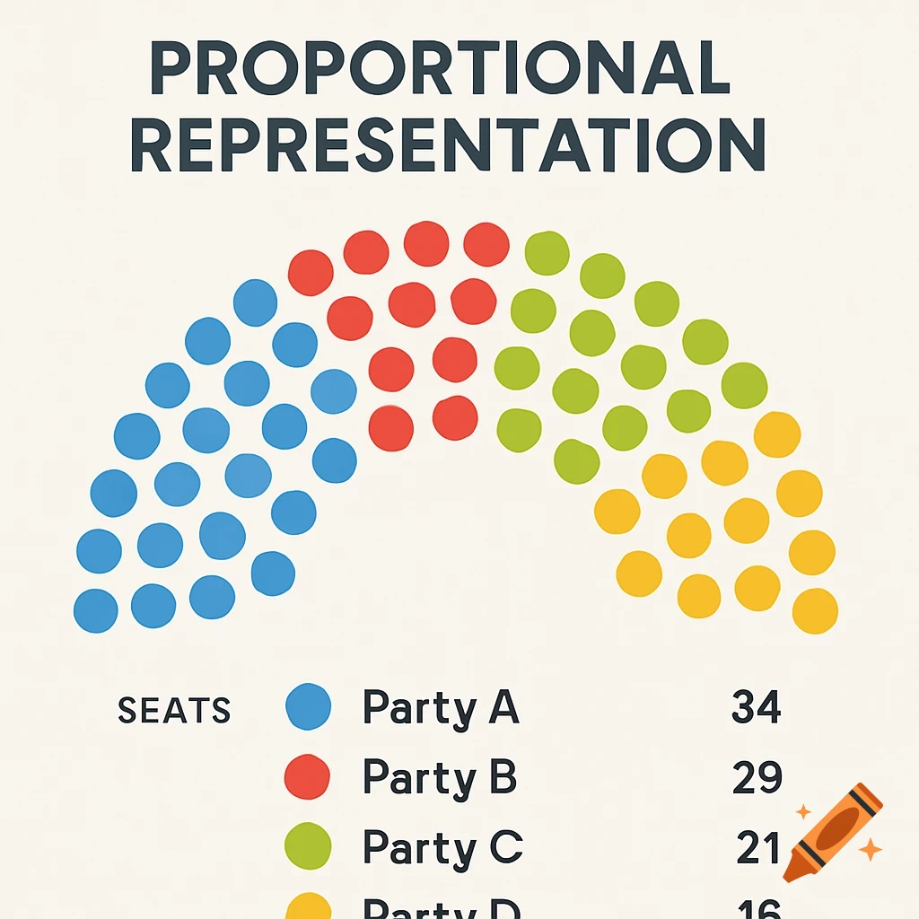 An infographic showing proportional representation with colorful circles. Blue, red, green, and yellow circles represent seats for parties A, B, C, and D, with seat counts 34, 29, 21, and 16 respectively.