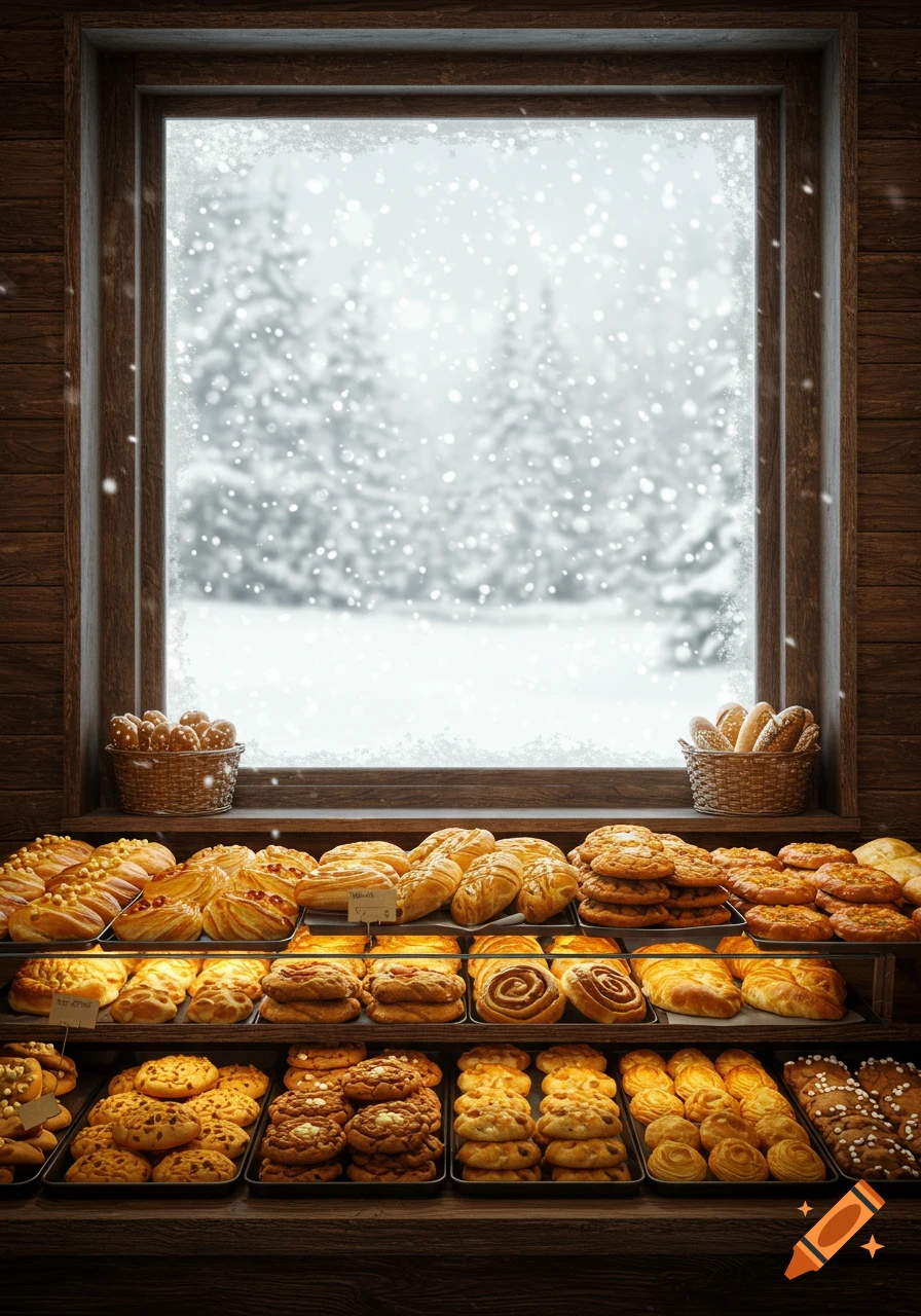 A warmly lit bakery display filled with various pastries and cookies, with a large window overlooking a snowy winter landscape.