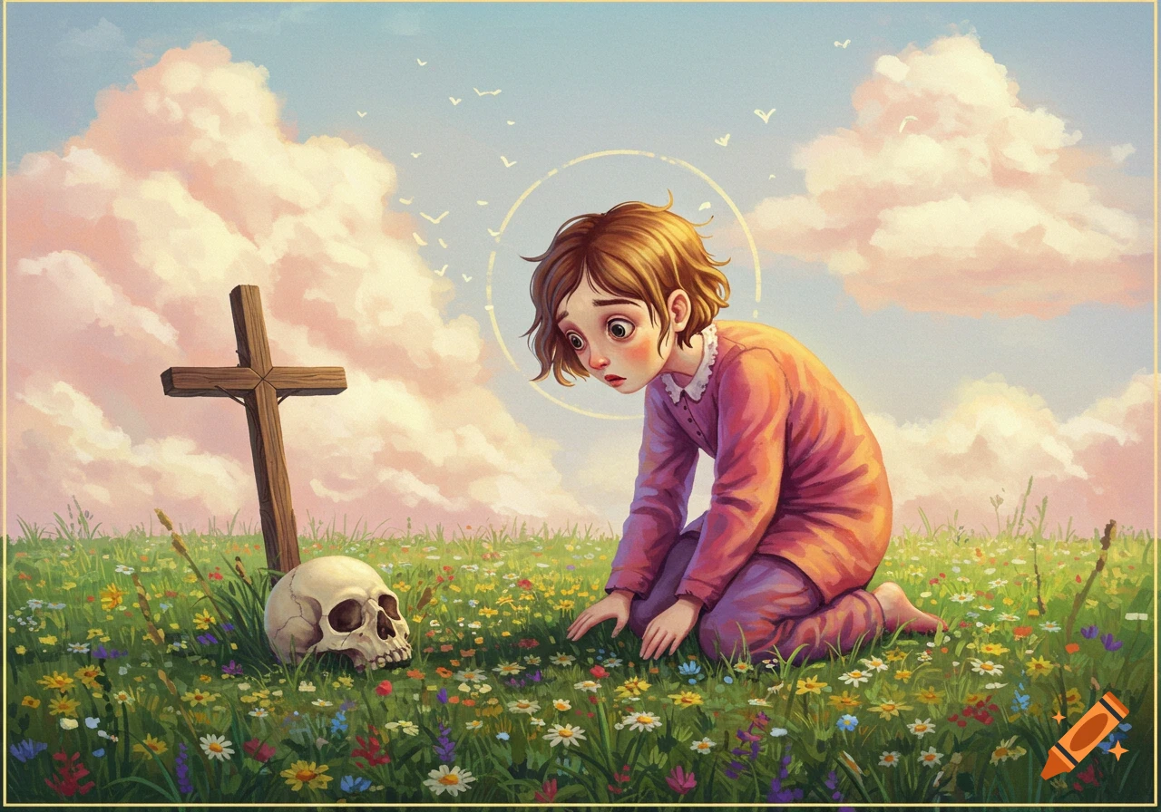 A young person kneels in a field of flowers next to a wooden cross and a skull, in a faux naif painting style.