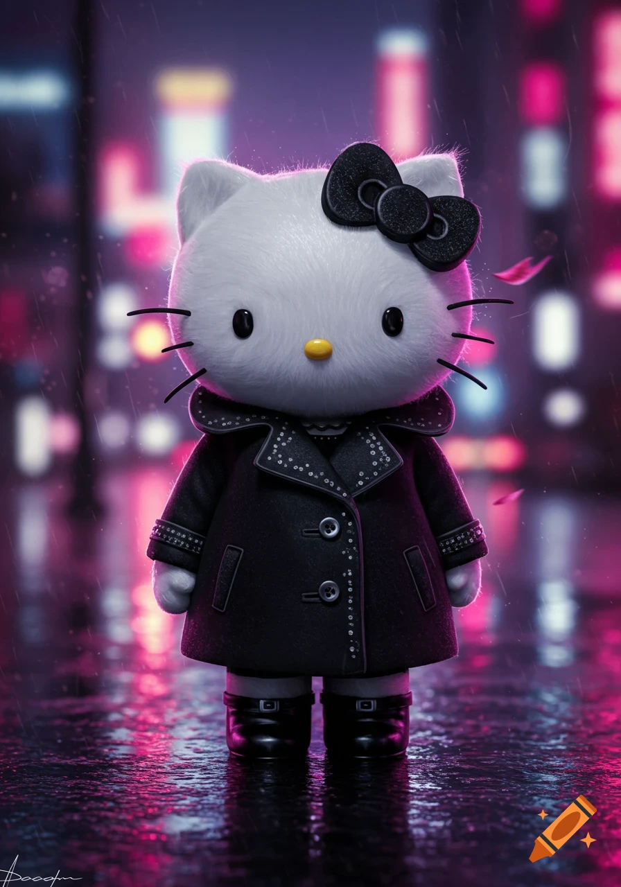 Hello Kitty in a black coat with studded details stands on a wet, neon-lit city street at night, with purple and pink reflections.