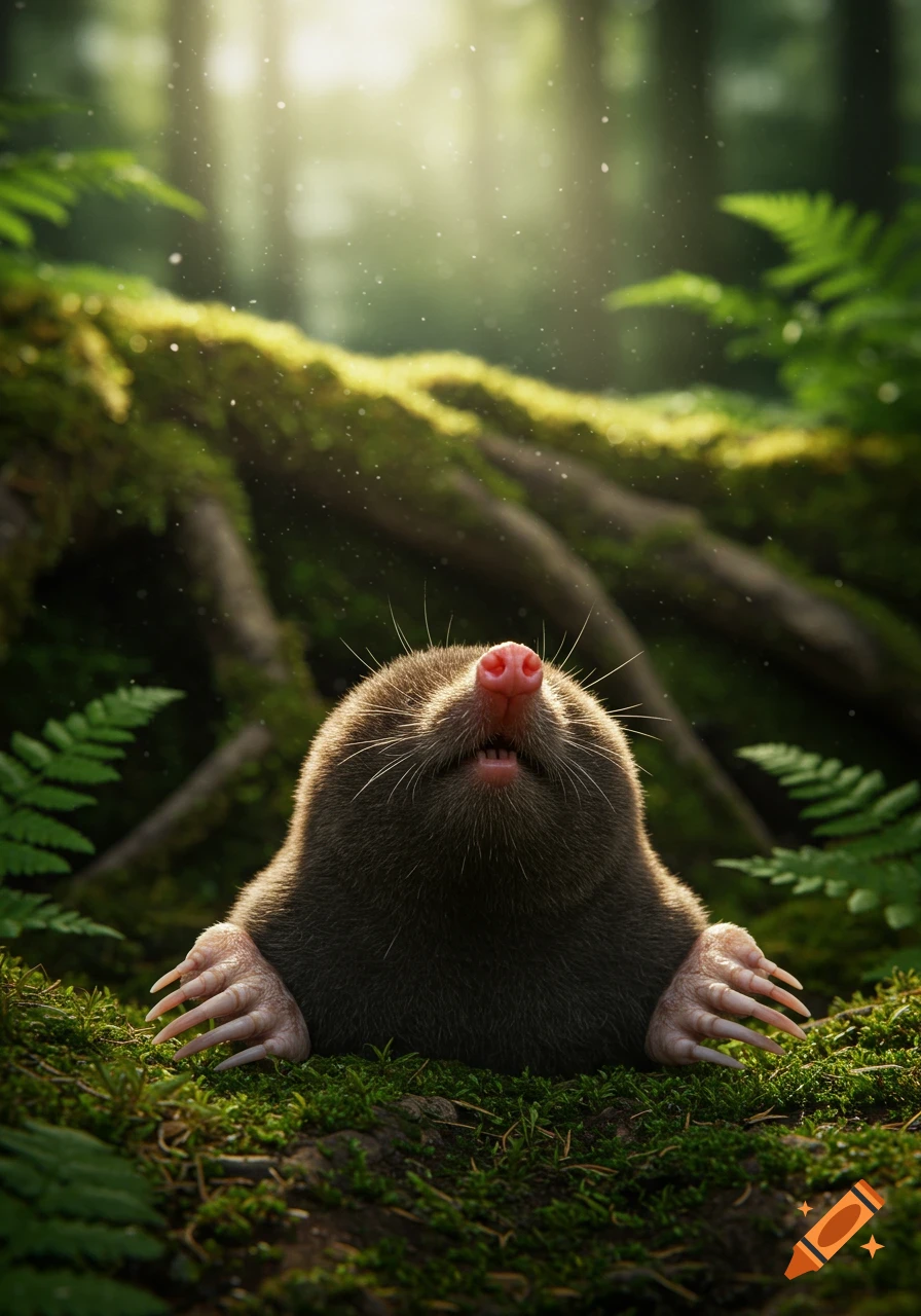 Close-up, photorealistic image of a brown mole with a pink snout peeking out of mossy ground in a sunlit forest, looking upwards.