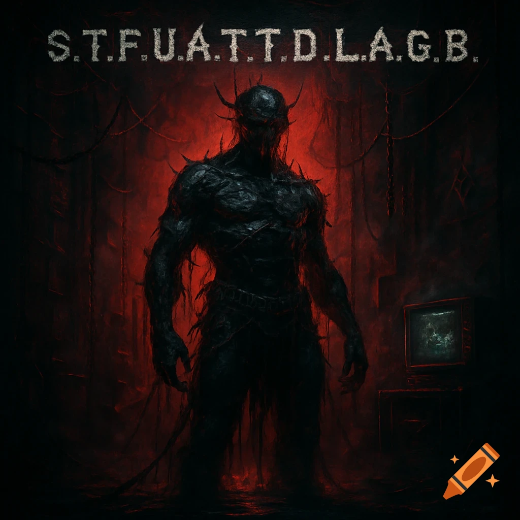 A dark, muscular, demonic figure stands in a red-lit, dystopian industrial room with the text "S.T.F.U.A.T.T.D.L.A.G.B." above.