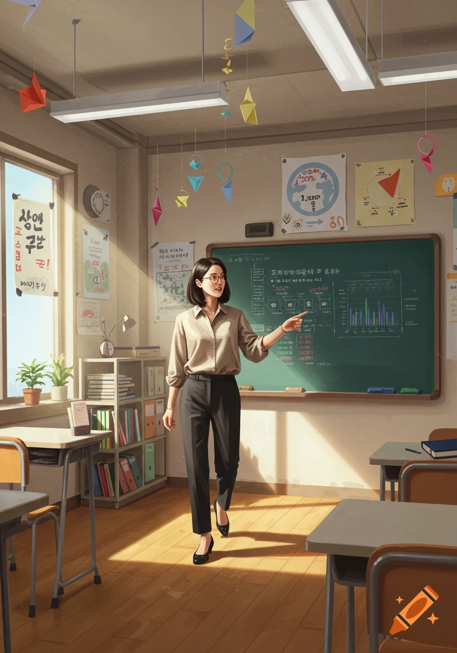 Anime-style illustration of a female teacher in a classroom, pointing at a blackboard with garbled text. Sunlight streams through a window.
