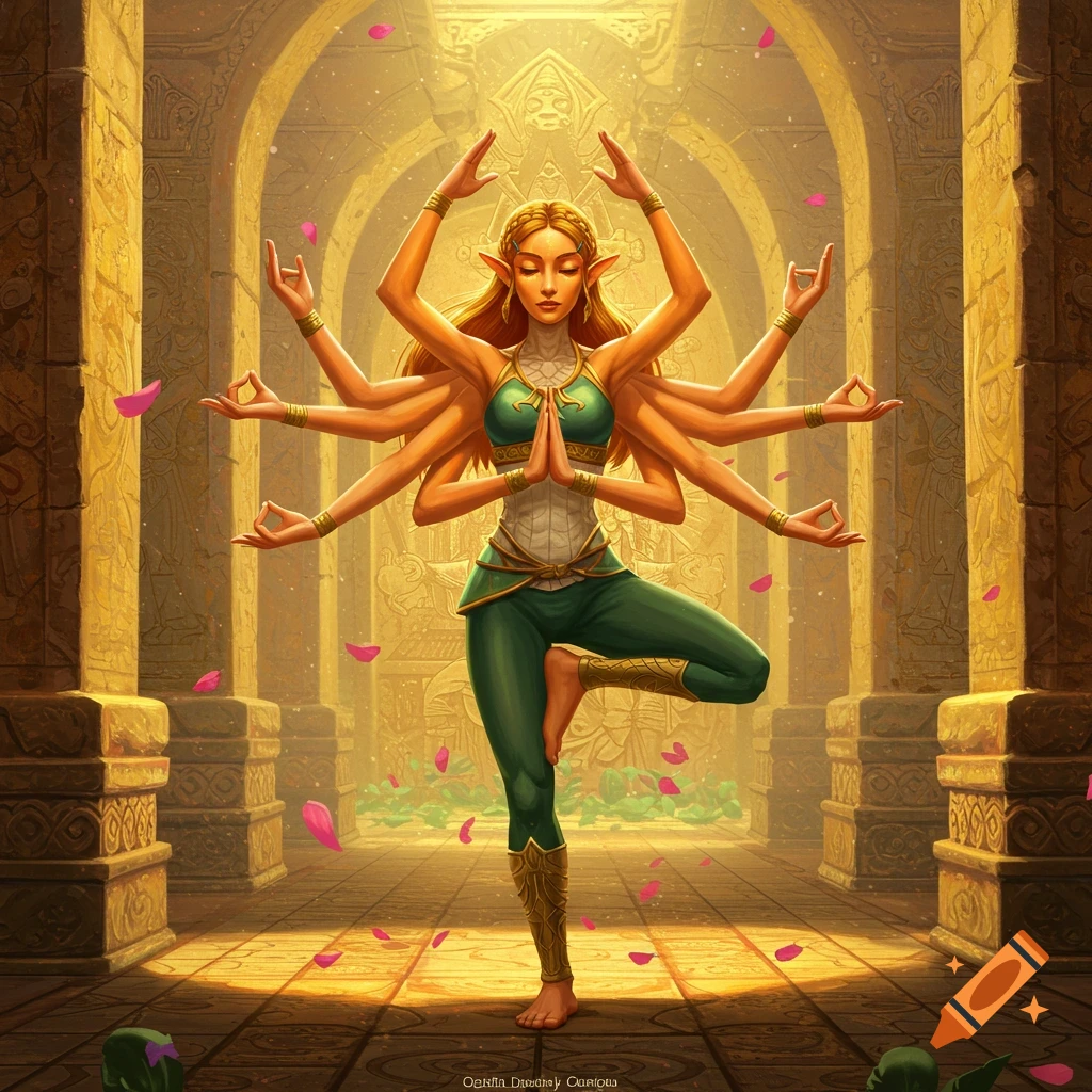 A multi-armed elf-like woman with orange skin and long blonde hair practices a yoga pose in a golden temple.